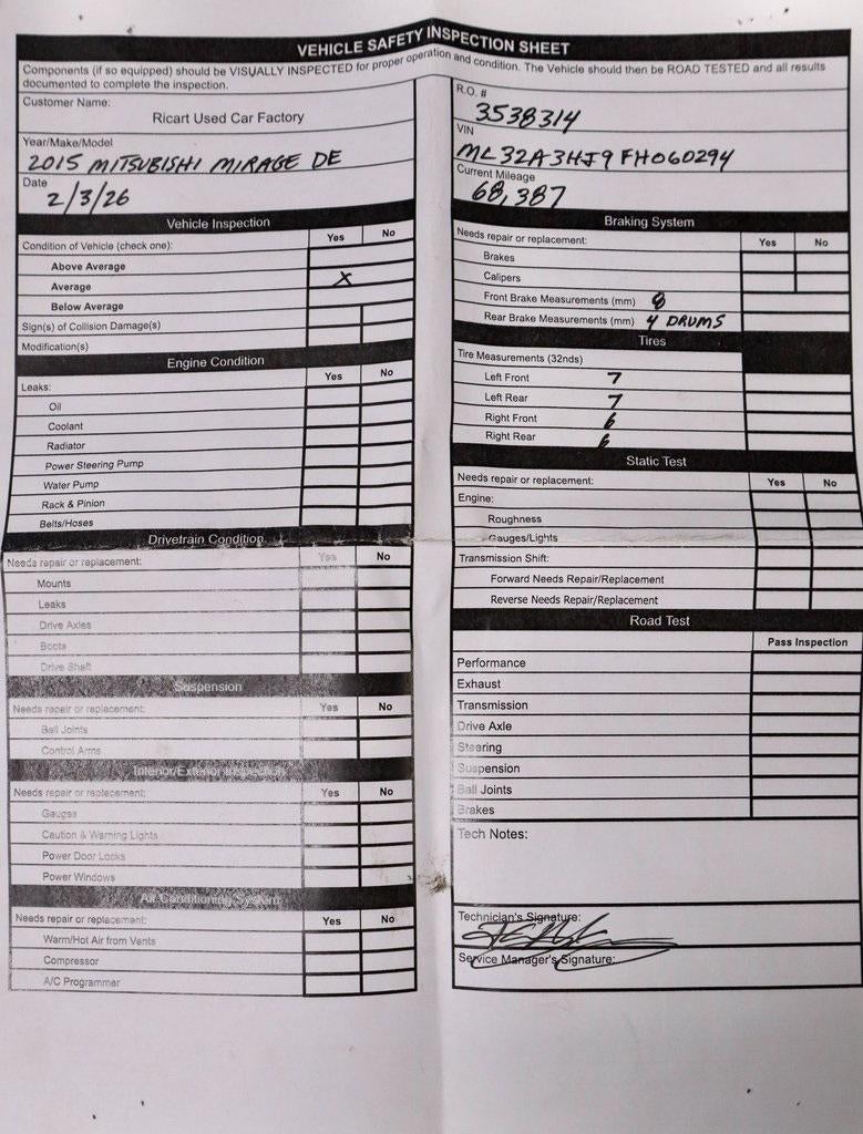 2015 Mitsubishi Mirage DE