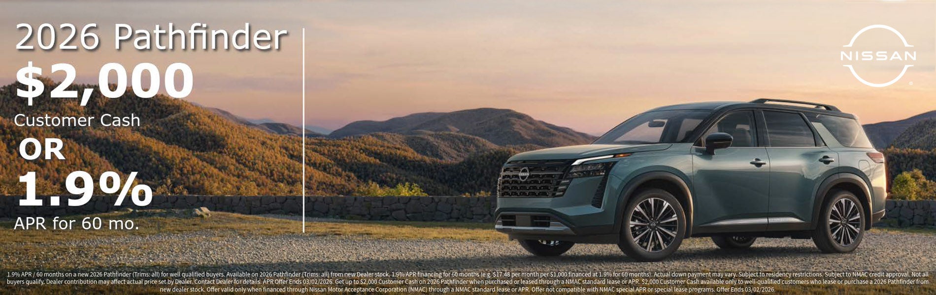 2026 Nissan Pathfinder 1.9% APR for 60 Months or $2000 cash